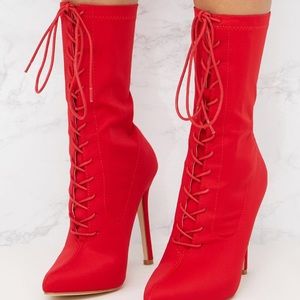 Red Front Lace Up Gold Heel Booties
